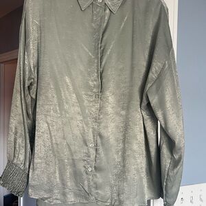 Light green Satin Button-Up Women's Top with sequins
